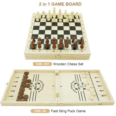 China Wooden 4 in 1 Fast Sling Puck Game with International Chess Tic Tac Toe Ice Hockey Game and Checkers for sale