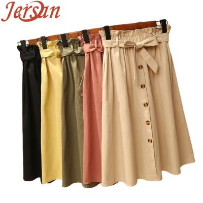 China Simple Casual Pleated Female Summer School Skirt Autumn Skirts Womens Midi Knee Length Button High Waist Breathable Korean Elegant Skirt for sale