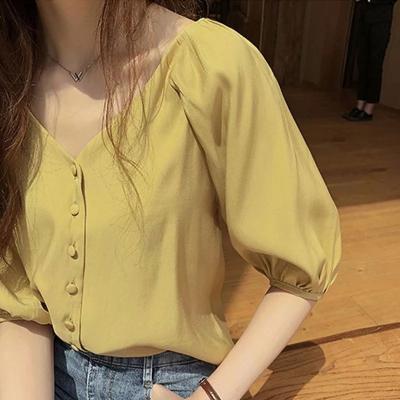 China Anti-pilling Summer Tops Sexy Puff Sleeve Blouse Women Women Shirts Ruffle Casual Streetwear Loose Top Korean V-Neck Solid Shirt for sale