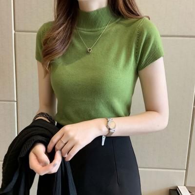 China Anti-pilling Fashion Knitt Short Sleeved T-shirt Women Half Turtle Neck New Stretch Knitted T-shirt Office Solid Casual Spring Female Tops for sale