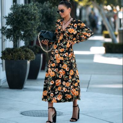 China Latest Design Anti-Static Women Summer Long Sleeve Fashion Slim Flower Dress Long Skirt Casual Printed Dresses for sale