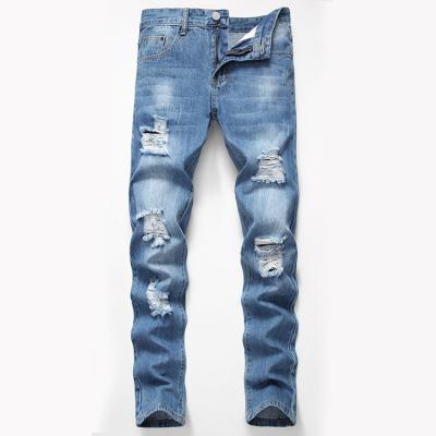 China Breathable Casual All-match Distressed Ripped Straight Light Blue Mens Jeans for sale