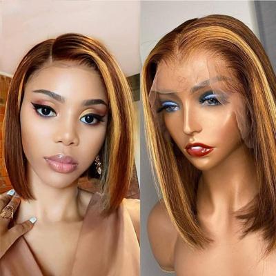 China Straight Cheap P4/27 Hair Lace Wigs For Women,Highlight Brazilian Raw Human Hair Transparent T Shape Lace Front Wig With Baby Hair for sale