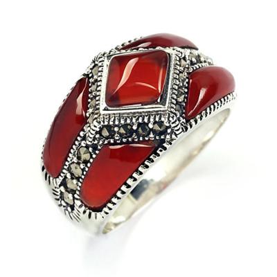 China Punk Stone Rings Designs Women Red Agate Ring 925 Silver Indian Jewelry for sale