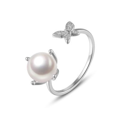 China TRENDY 925 Silver Rings with Open Butterfly Ring Silver Pearl Jewelry in 8mm Freshwater Pearl Size for sale