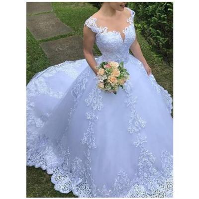 China Breathable New Styles White Short Sleeve Plus Size Ball Gown Court Train Appliques Lace Up Wedding Dresses MWA442 for sale