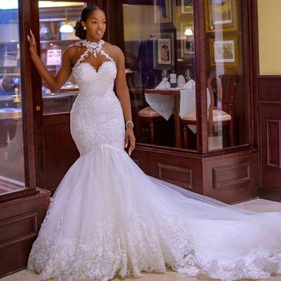 China Vintage Breathable Arabic Lace Beaded Wedding Dresses Sheer Neck Halter Mermaid Bridal Gowns Tail Long Cheap Wedding Dresses MW15 for sale