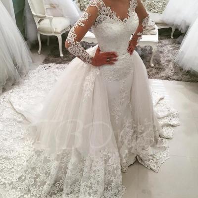 China Breathable V-Neck Ball Gown Two In One Detachable Long Sleeve Wedding Dress Vintage Lace Skirt Muslim Arabic Wedding Dresses MWA319 for sale