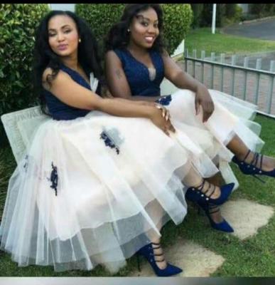 China 2022 Plus Size Puffy Plus Size Party African Navy Blue Lace Appliqued Bridal Bridal Bridesmaid Dresses MBLA237 for sale