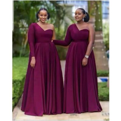 China Elegant African Maid Dry Cleaning Formal Bridesmaid Dresses One Shoulder Long Sleeve Wine Red Bridesmaid Dresses MB2 for sale