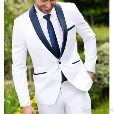 China Anti-wrinkle Morili one button wedding suits for man shawl collar 2 pieces slim fit white jacket with navy blue collar around neck MMSB50 for sale