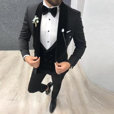 China Anti-wrinkle Morili one button wedding 3 piece suit for man slim fit velveteet collar vest with double buttons MMSB46 for sale