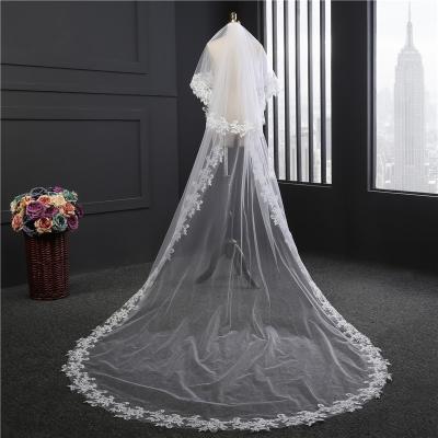 China High Quality Morili Lace Edge 2 Layers 150cm*380cm Cathedral White Ivory Bridal Veil For Wedding With Lace Edge Without Comb MLVB29 for sale