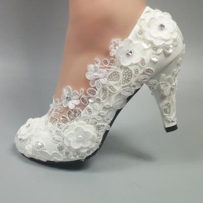 China Breathable Top Quality Morili 5cm 8cm White 10cm Square Color Flowers And Lace Head Women Heels Bridal Wedding Shoes MWSB31 for sale