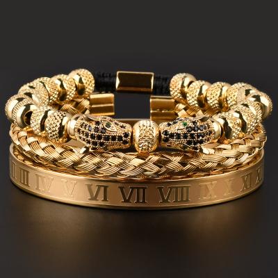 China FASHIONABLE New Design F313 Stainless Steel Bracelet Luxury Zircon Leopard Beaded Men Jewelry Custom Braided Macrame Bead Bracelet Sets for sale