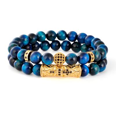 China F249 FASHIONABLE Tiger Eye Bracelet 2 PCs/sets Blue Natural Beaded Zircon Couples Jewelry Gem Stone Beads 8mm fashion lake set classic for sale