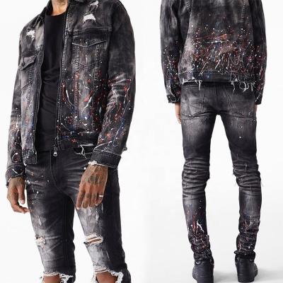 China Breathable YSJ Customized Technics High Street Ripped Mens Jeans Hip Hop Denim Jacket Sets For Men for sale