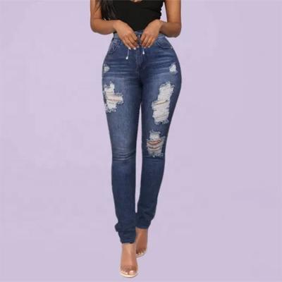 China Breathable YSJ Customized Drawstring Waist Ripped Skinny Women Jeans for sale