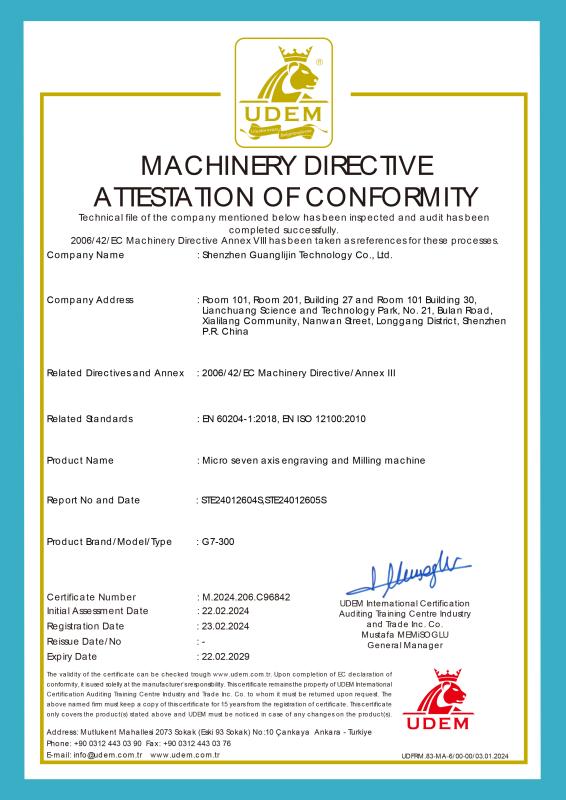 MACHINERY DIRECTIVE ATTESTATION OF CONFORMITY - Shenzhen Guanglijin Technology Co., Ltd.