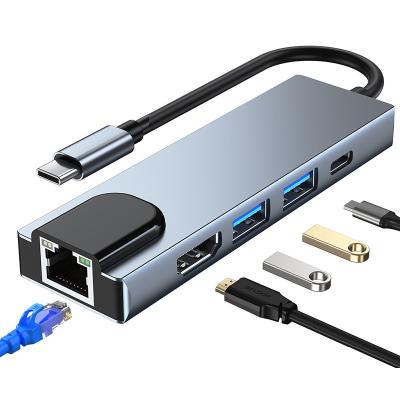 China Aluminum alloy usb c hub tipo 5 in 1, usb c hub 4k hdtv pro 3 gigabit ethernet rj45 lan adaptador para mac book thunderbolt USB-C for sale