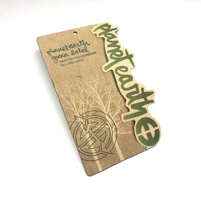 China Sustainable Eco Friendly Kraft Paper Card Design Hang Tag Recycled Made Fashion Custom Design Embossed Brand UV Apparel Printed Label Tag for sale