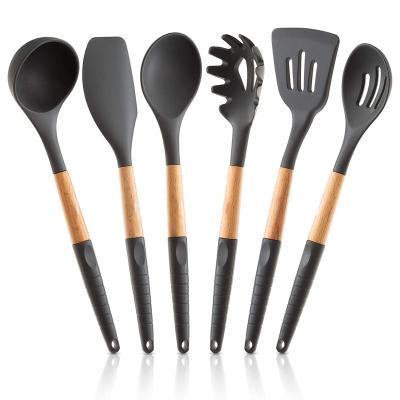 China Sustainable Hot Selling 6 Pcs Silicone Cooking Utensils Set BPA Free Natural Wooden Kitchen Gadgets Tools for Cookware for sale