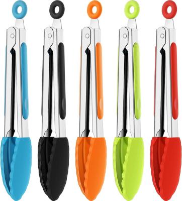 China Sustainable 5pcs Pack Kitchen Tongs Food tongs with Silicone Tips Heat resistant Stainless Steel Tongs for Salad, Grilling, Frying, Cooking for sale