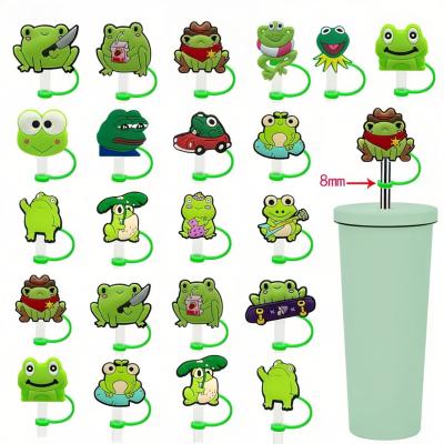 China Stocked 8mm Custom Reusable Wholesale Cartoon Animal Holiday Rubber Straw Charms Toppers Funny Frog Silicone Straw Topper Charms for sale