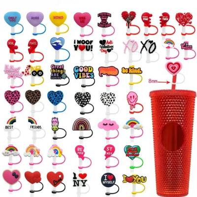 China Stocked 2023 Hot 8mm Custom Wholesale Silicone Reusable Cute Rainbow Straw Topper Charms For Tumblers Valentine Day Gift Straw Topper for sale