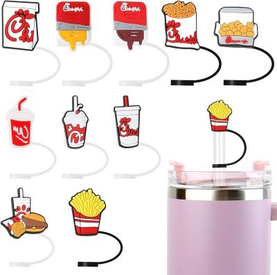 China Stocked 8mm Silicone Reusable Drinking Food Straw Toppers For Tumbers Wholesale Hamburger Fried Chicken Straw Topper Charms for sale