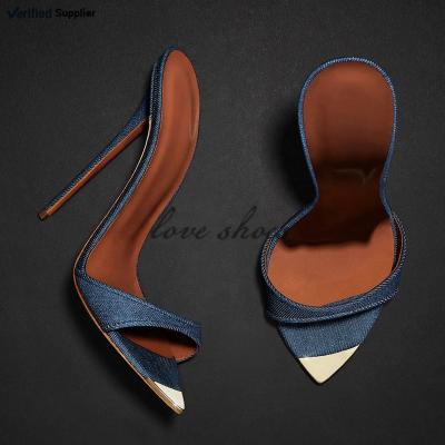 China Custom Made High Quality High Heel Women's High Heels Sandals Lady Denim Sandal Lady Slipper Shoes Upper High Heels Women Slipper Shoes for sale