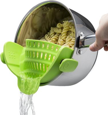 China 2021 Instant Amazon Sale Hot Silicone Heat Resistant Kitchen Sieve Clip On Kitchen Pot Food Strainer For Pans Bowls for sale