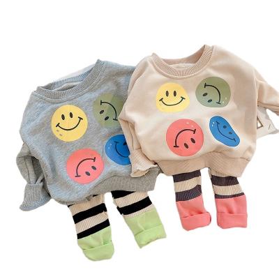 China 2021 New Spring Kids Clothing Set Cartoon Casual O-neck Long Sleeve Smile Blouse And Loose Pants 2 Pcs Suit for sale