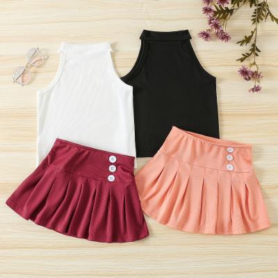 China Other Kids Girl Clothing Chill Vet+Button Sleeveless White Top A-Line Skirt Knit Summer Outfits 2pcs Set for sale