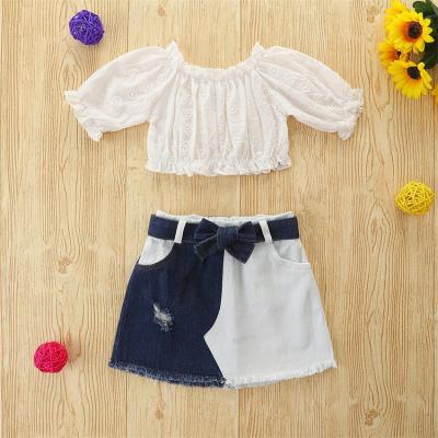 China Other Summer 1-6Y Fashion Kids Girls 2pcs Clothes Sets Off Shoulder Lace Up A-line Short Sleeve T-shirts +Denim Skirt for sale