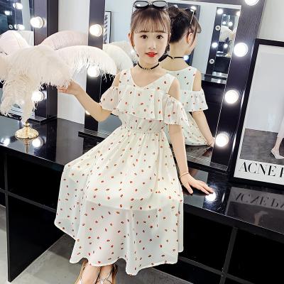 China Anti-wrinkle Toddler Girls Beach Dress 2022 Summer Teens Fashion Chiffon Off-the-Shoulder Printing Dress Kids Princess Clothes for sale