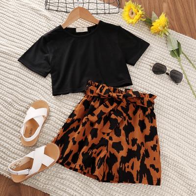 China Other child new girls fashion clothes sets 2022 summer solid color T-shirt +Leopard shorts fashion casual outfit 5 12 years old for sale