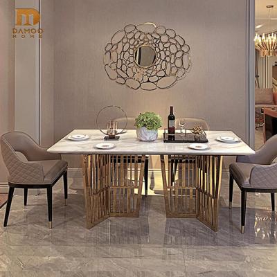 China Modern Luxury Dining Table Shape Stainless Steel Dining Sets Furniture Marble Rectangular White Dining Table for sale