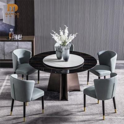 China DAMOO Luxury Natural Marble Dining Table Veneered Stainless Steel Metal Base Dining Table for sale