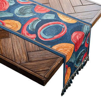 China Viable Vintage American Geometric 100% Polyester Tassel Circle Color Jacquard Abstraction Style Retro Fancy Table Runner for sale