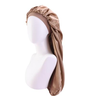 China Long Double Layer Satin Striped Cowl With High Elastic Hair Band Sleep Cap For Women for sale