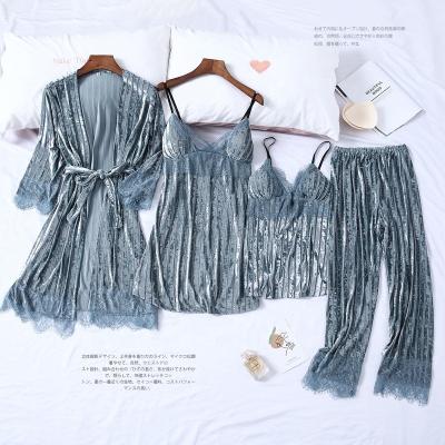 China High Quality QUICK DRY Winter Velvet Sleepwear Four Pieces Lace Up Sexy Loungewear 4 Pieces Nightgowns For Women for sale