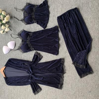 China New Arrival Thermal 4 Pieces Velvet Sexy Lace Lounge Set Winter Pajamas Women Warm Sleepwear for sale