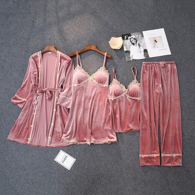 China Winter QUICK DRY Autumn Four Pieces Women's Sleep Use Lace Pajamas Set Velvet Lounge Wear 4 Pieces Pijamas Set for sale