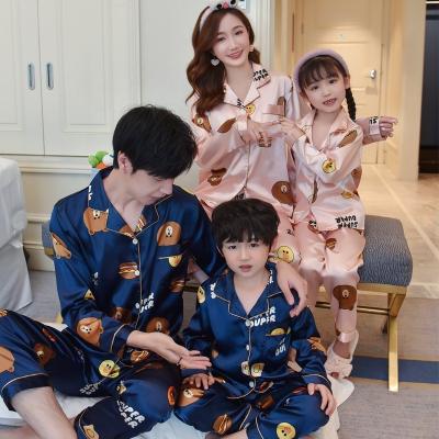 China QUICK DRY Kids Adults Two Pieces Silk Satin Homewear Long Sleeves Printed Family Matching Pajamas Set for sale