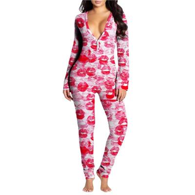 China Wholesale QUICK DRY Full Body Valentines Day Holiday PJ Printed Sexy Stretchy Adult Pajamas Onesies With Buttflap for sale