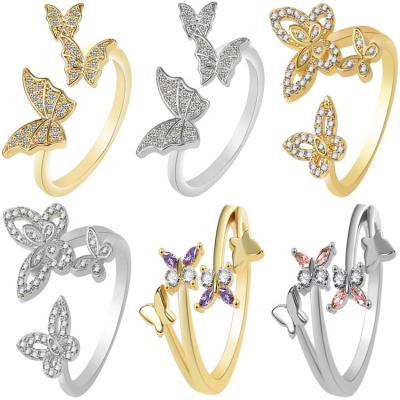 China Fashion Jewelry CLASSIC Gold Plated Butterfly Opening Rings Rhinestone Adjustable Crystal Butterfly Engagement Ring For Women for sale