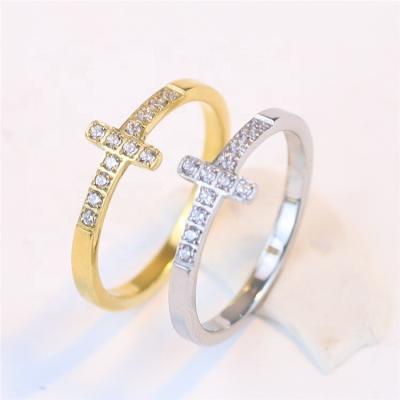 China 2023 Newest CLASSIC Stainless Steel Cubic Zircon Fashion Wedding Ring Women Christian Cross Rings Miro Paved for sale