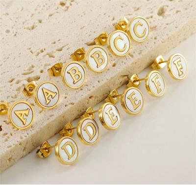 China New Fashion CLASSIC 18K Gold Stainless Steel Shell 26 Initial Letter Stud Earrings For Women Alphabet Earrings for sale