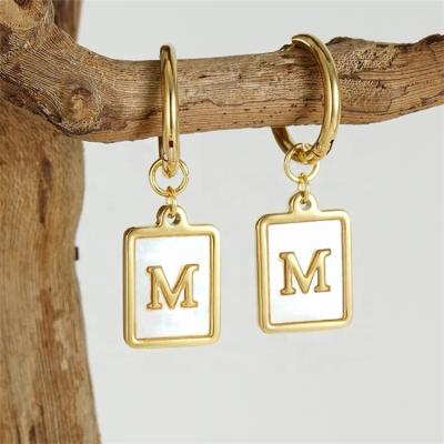 China CLASSIC A-Z Alphabet Drop Earrings Square 18K Gold Plated Stainless Steel Shell 26 Initial Letter Circle Earrings for sale